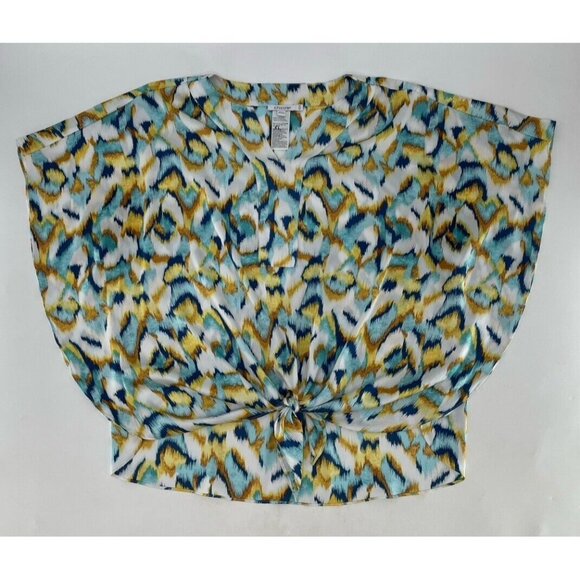 Chicos Ikat Print‎ Satin Poncho Lightweight Tie Front Blouse Sz 1.5 Boho Artsy - Picture 5 of 11